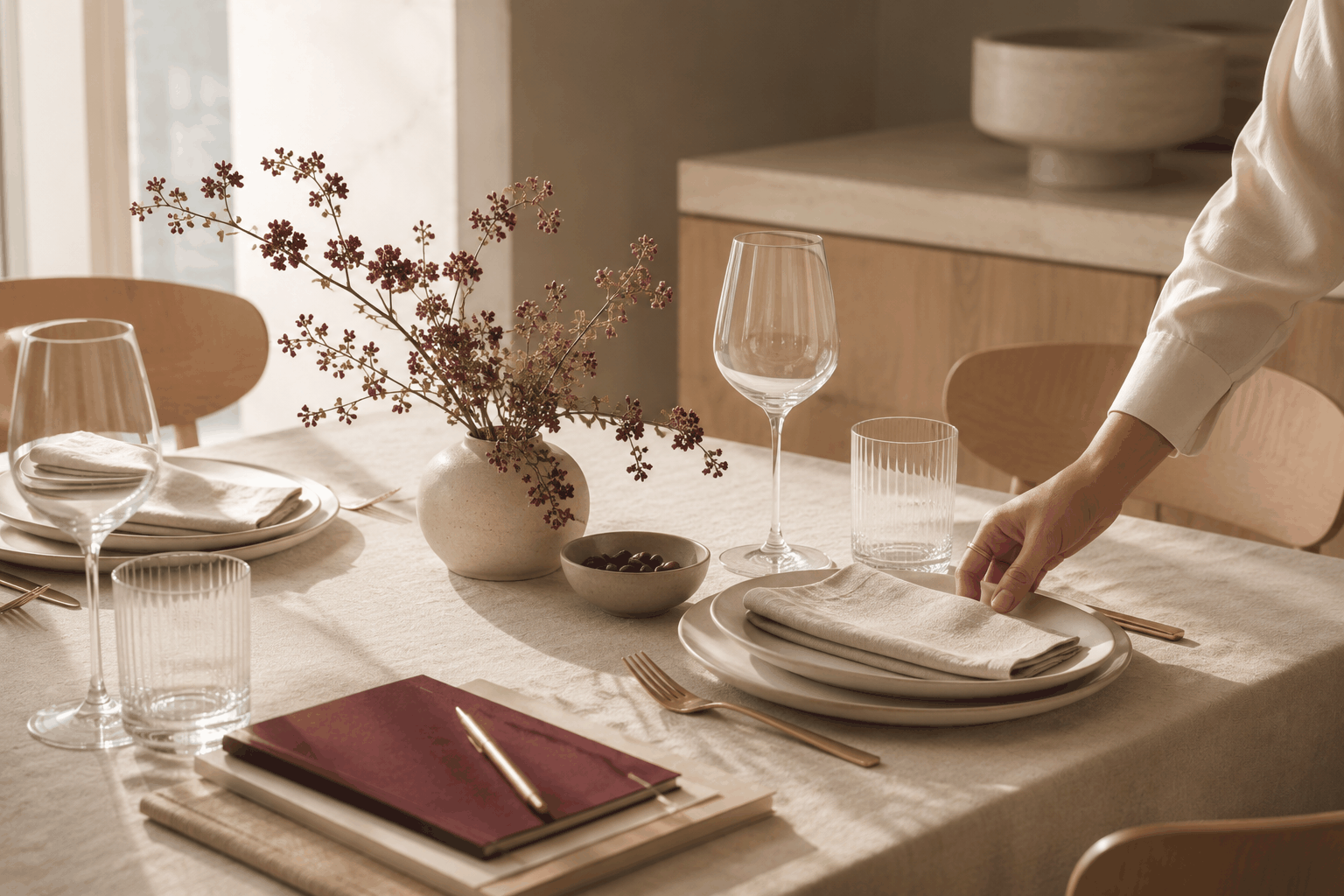 A host setting a table with burgundy linens and glassware before guests arrive.