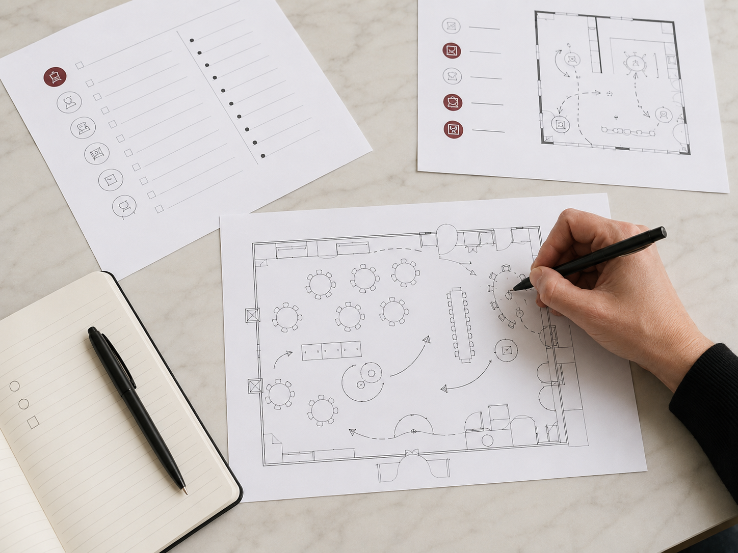 A venue floor plan marked up by hand with guest flow and seating.
