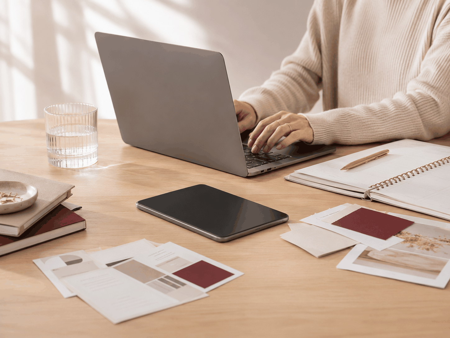A focused strategy workspace with a laptop, notebook, tablet, and planning materials.