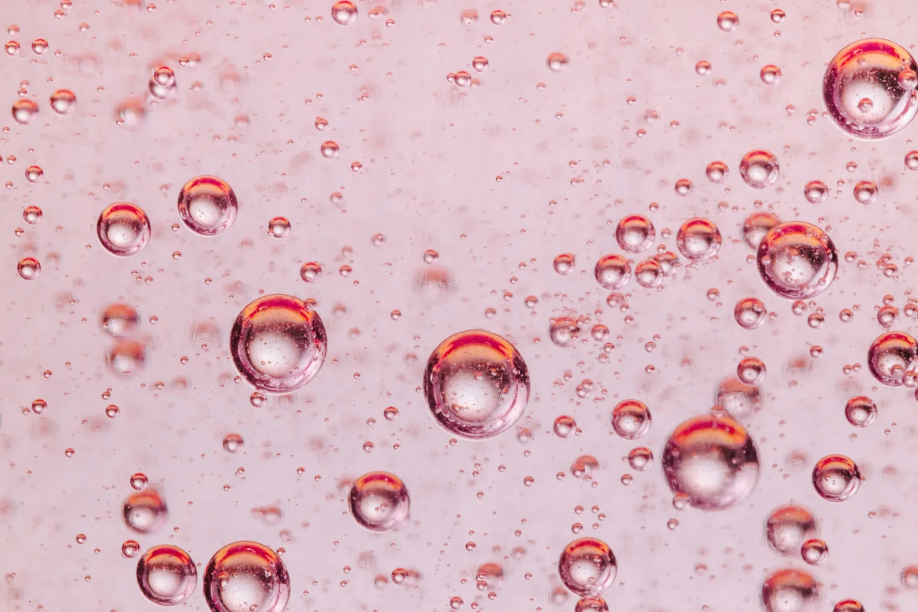 An abstract close-up of bubbles in pink liquid