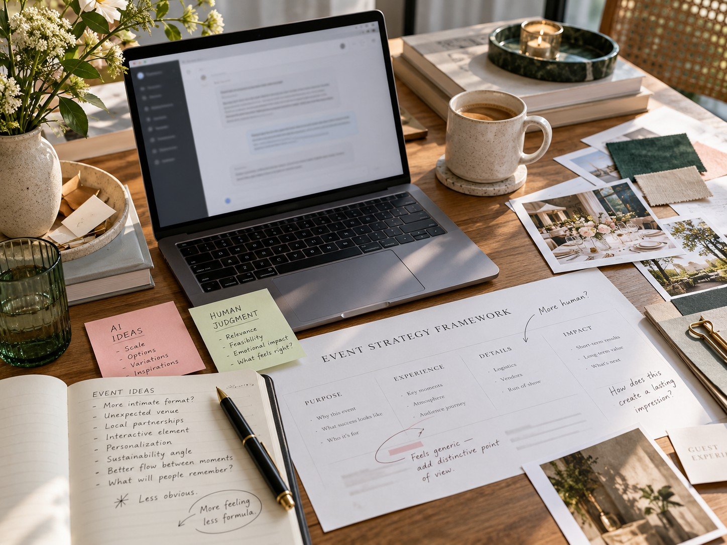 Laptop beside event strategy notes, inspiration photographs, and handwritten considerations.