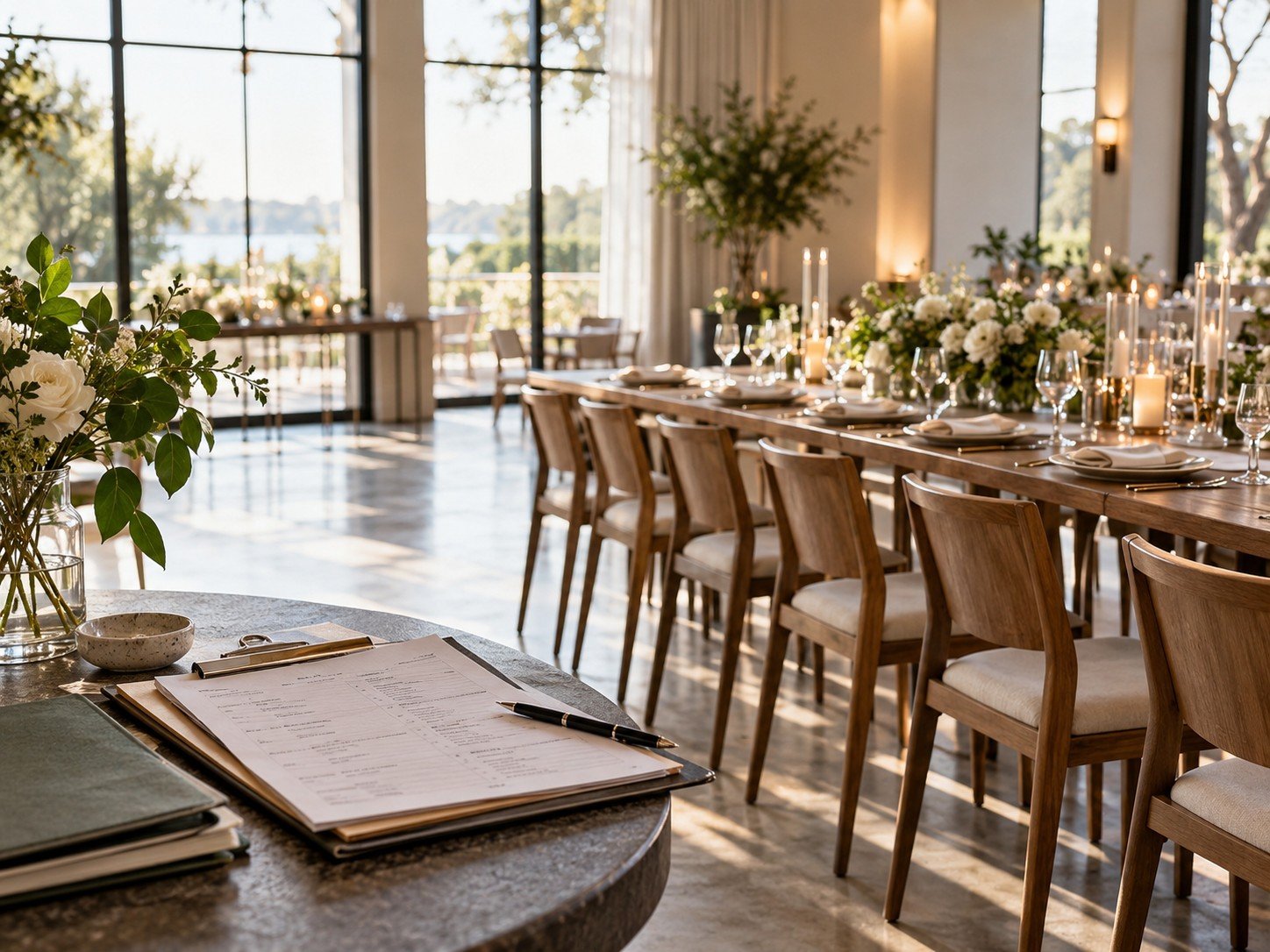 Event planning clipboard beside a prepared dining table with glassware and candles.