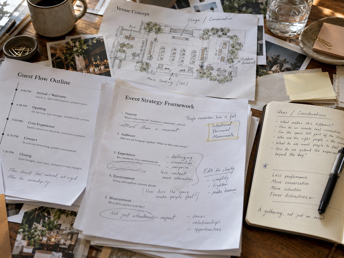 Annotated event framework, guest flow outline, and venue concept on a planning desk.
