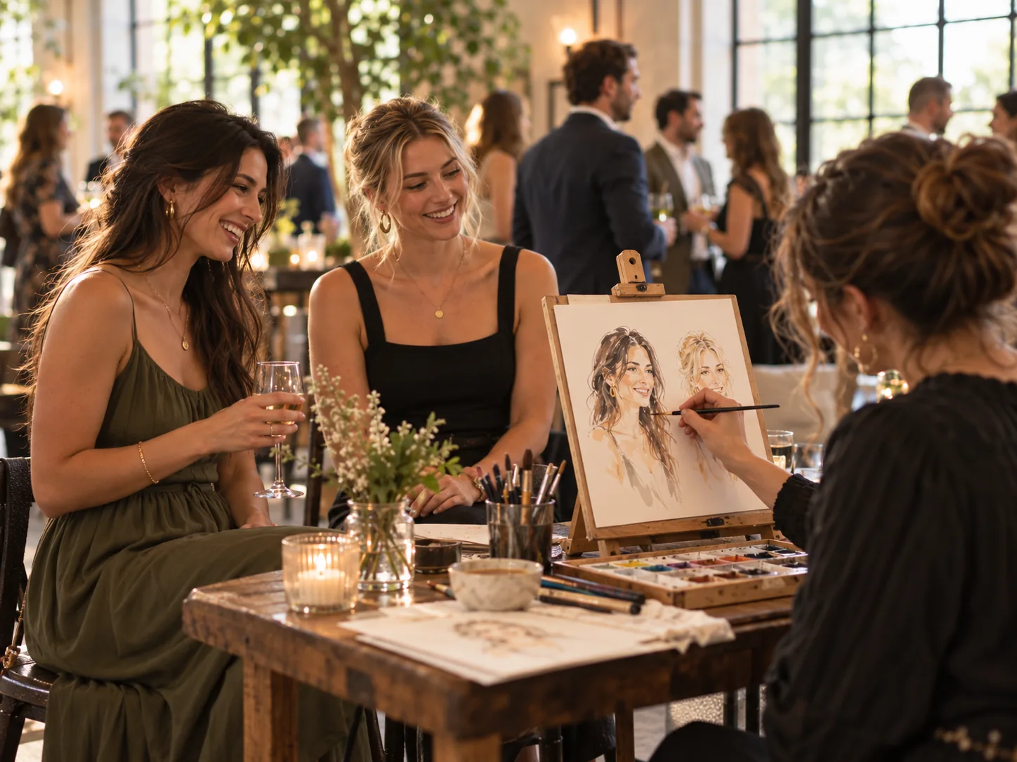 Two guests smiling as an artist paints their mini portraits at an event activation.