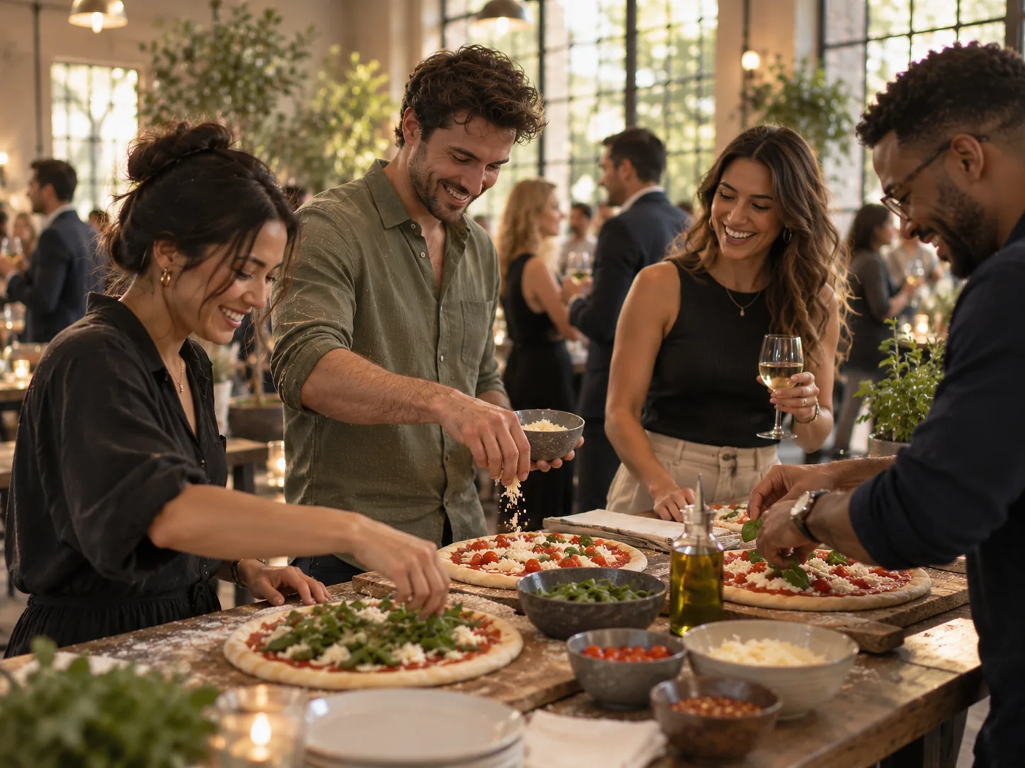 Four guests adding toppings to pizzas together at an interactive reception station.