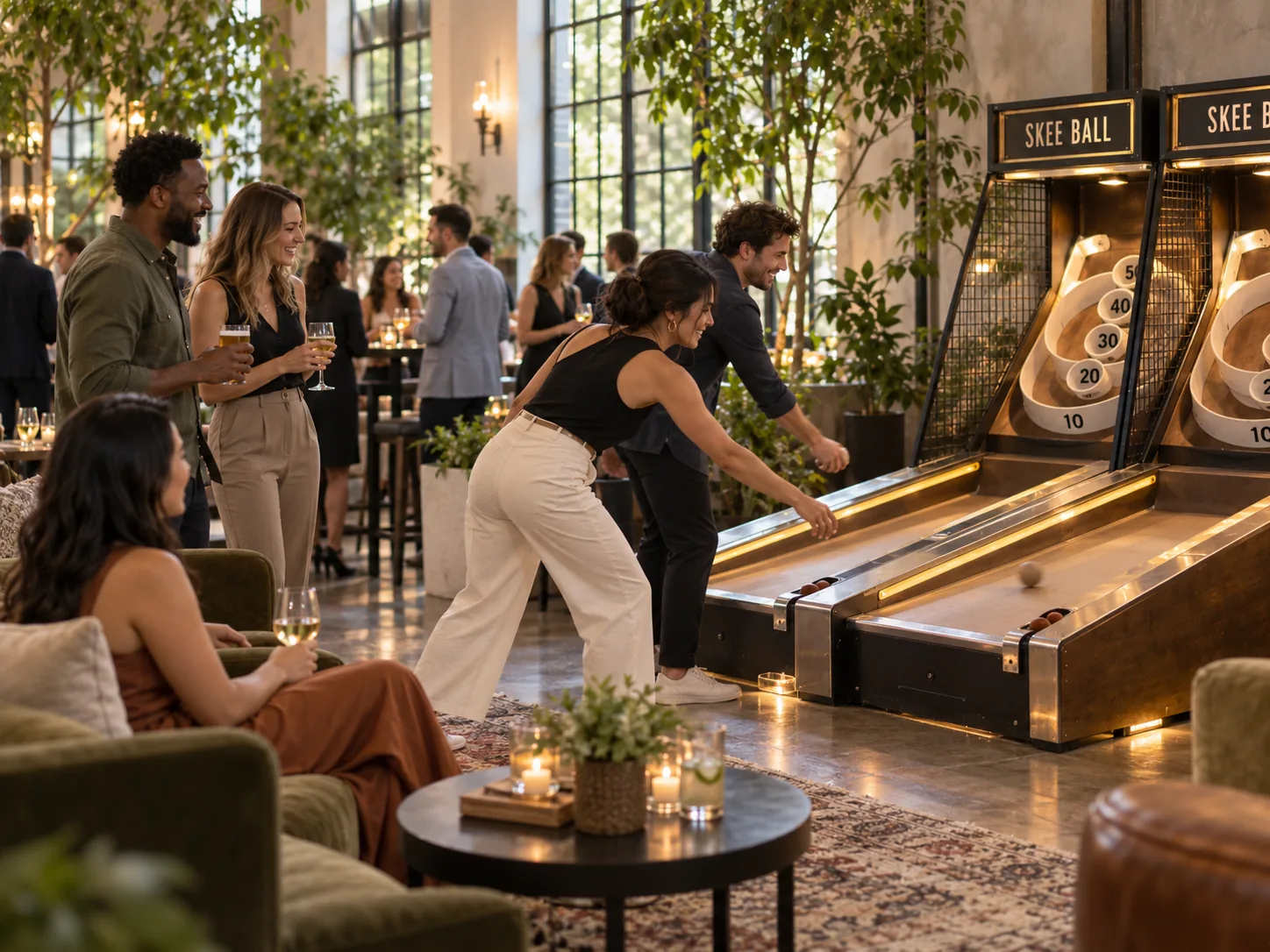 Guests playing skee-ball at a reception with others chatting and watching from nearby lounge seating.